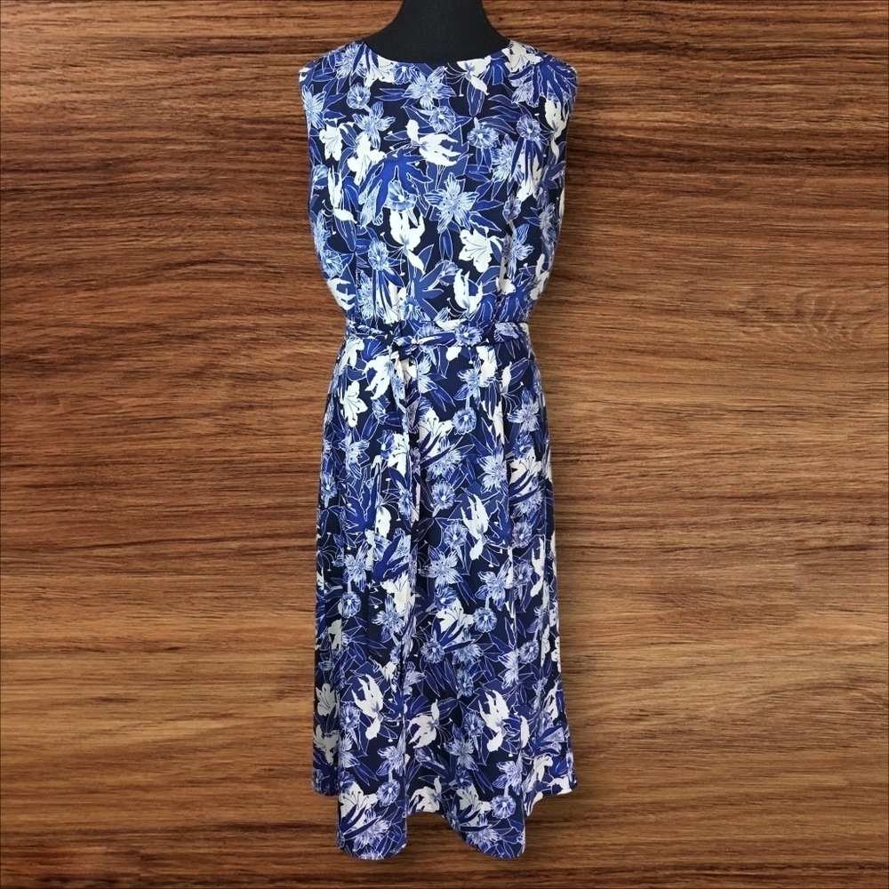 Ralph Lauren Blue and White Floral Crepe Midi Dress Size 8
